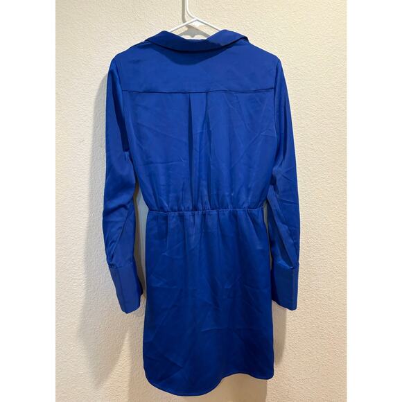 House of Harlow 1960 Blue Satin Long Sleeve V-Neck Wrap Mini Dress Size M - Picture 2 of 8